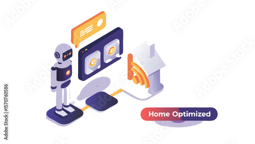 Isometric illustration of a robot connected to a smart home device with a user interface panel near by