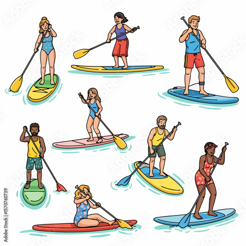 People paddleboarding on water, summer recreation activity