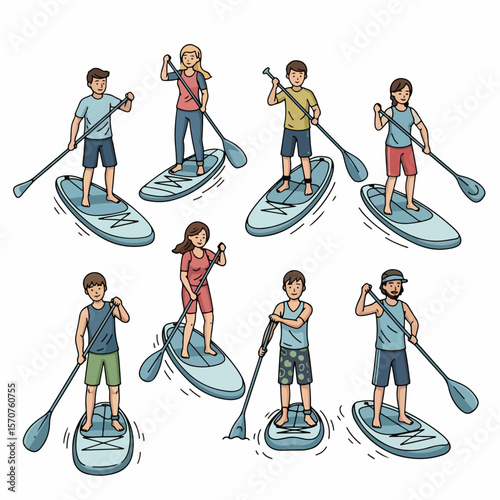 People paddleboarding on water, summer recreation activity