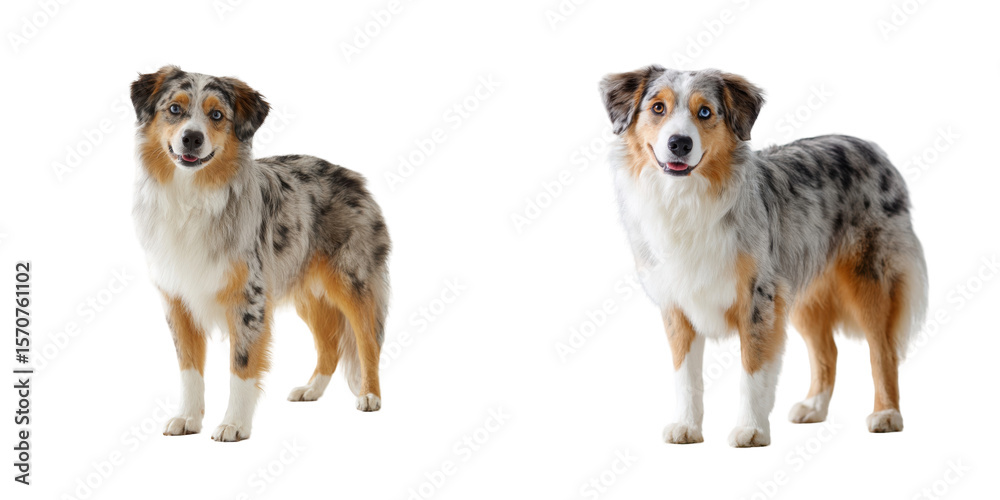 Fototapeta premium Two australian shepherd dogs standing side by side with different eye colors on black