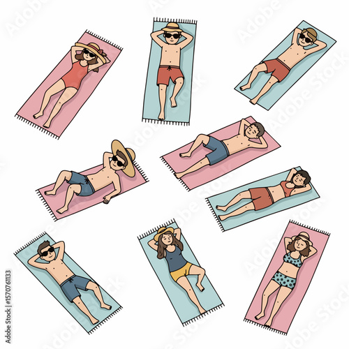 People sunbathing on towels at the beach summer relaxation