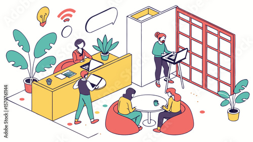Isometric office workspace collaboration teamwork business meeting creative team coworking space design concept