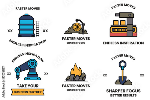 The icons include a machine, a shovel, a fire, a robot, a tank, and a drill