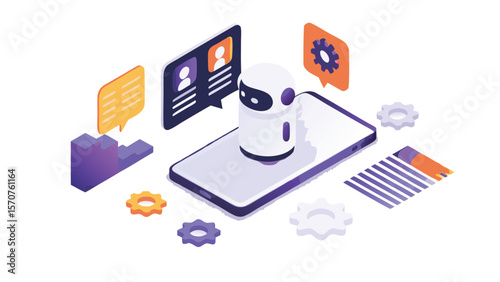 Isometric view of a robot on a smartphone surrounded by gears and communication bubbles concept art