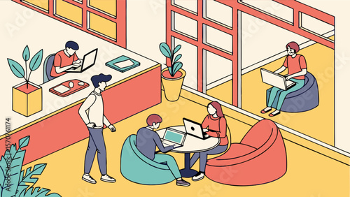 Isometric office coworking space with people working on laptops collaboration and team work environment concept