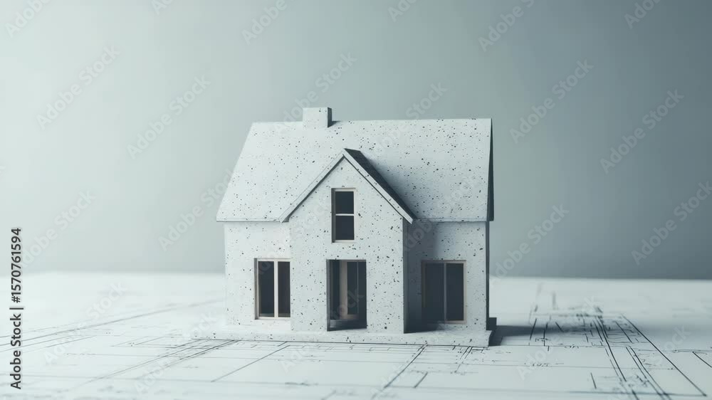 Small house model architectural blueprint construction planning design minimalistic building structure modern style real estate property development calm focused atmosphere project