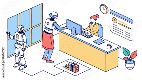 Ai automation in office work robot assistant helping human employee at desk technology and future of work