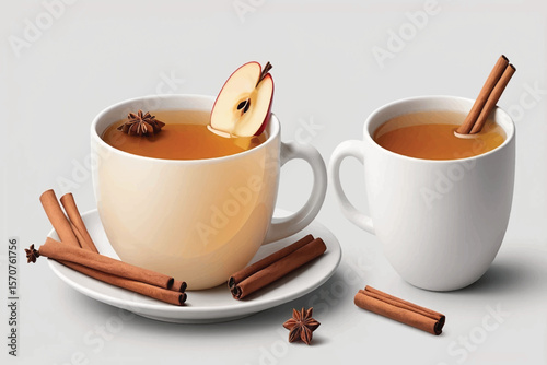 Christmas apple cider with cinnamon stick in a cup PNG set, cutout isolated on transparent background. Festive hot winter holiday season drink