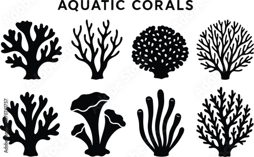 Aquatic corals. Natural aquatics reef coral set silhouettes isolated on white background for sea or aquarium vector graphic