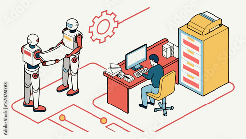 Automation office workflow robots working with human employee in modern workplace concept design vector