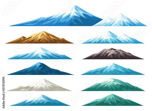 Mountain landscape set isolated on white background. Snow mountains range silhouettes for logo and design