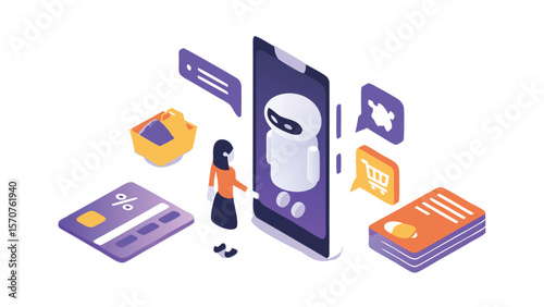 Isometric illustration of a woman interacting with a chatbot on a smartphone for online shopping