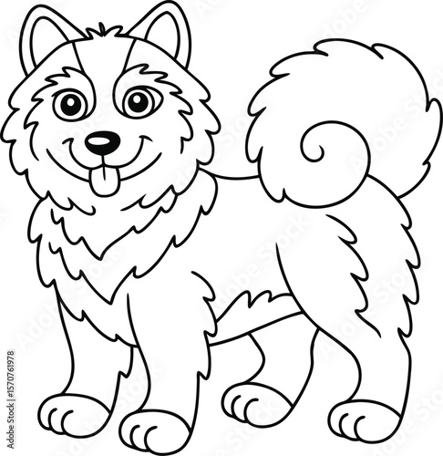 Cute cartoon dog with fluffy fur and a curled tail standing and smiling with its tongue out