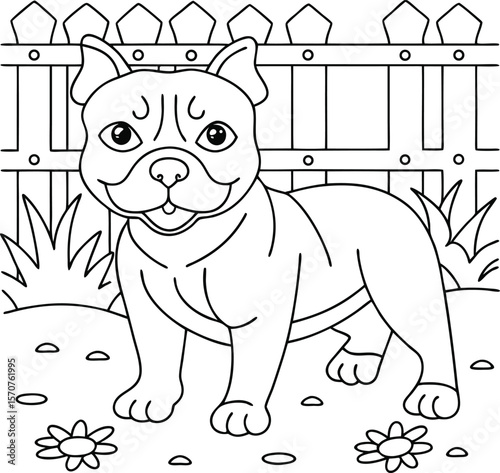 Friendly cartoon bulldog puppy standing in a grassy yard with a picket fence and flowers