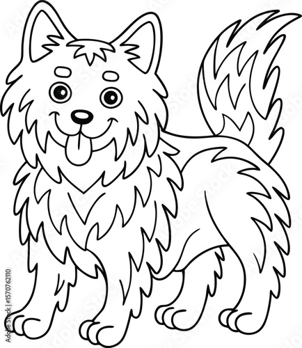 Happy cartoon dog with fluffy fur and a wagging tail standing with its tongue out