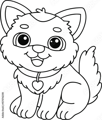 Adorable cartoon puppy dog with a heart shaped pendant on its collar sitting patiently and smiling