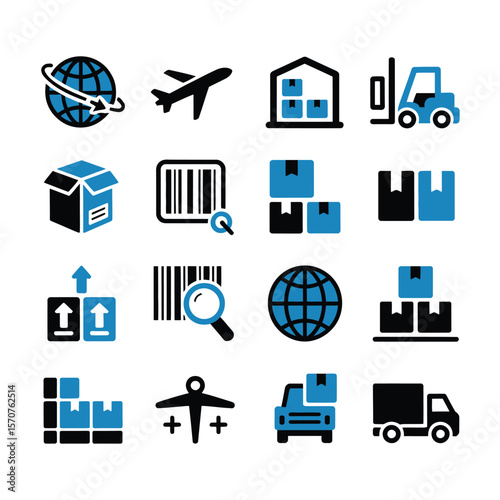 Sixteen Blue and Black Logistics Icons depicting global shipping airplane delivery warehouse forklift box barcode package tracking upload download cargo truck van worldwide transportation