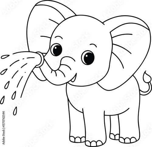Cute cartoon baby elephant spraying water from its trunk in a playful manner black and white line art