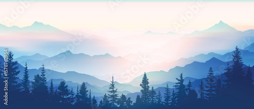 Sunrise in the mountains, wild forest, misty silhouettes of ridges, vector illustration