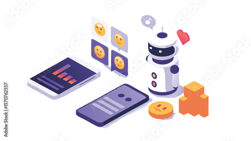 Isometric illustration of a robot with phones, chat bubbles and blocks for social media use