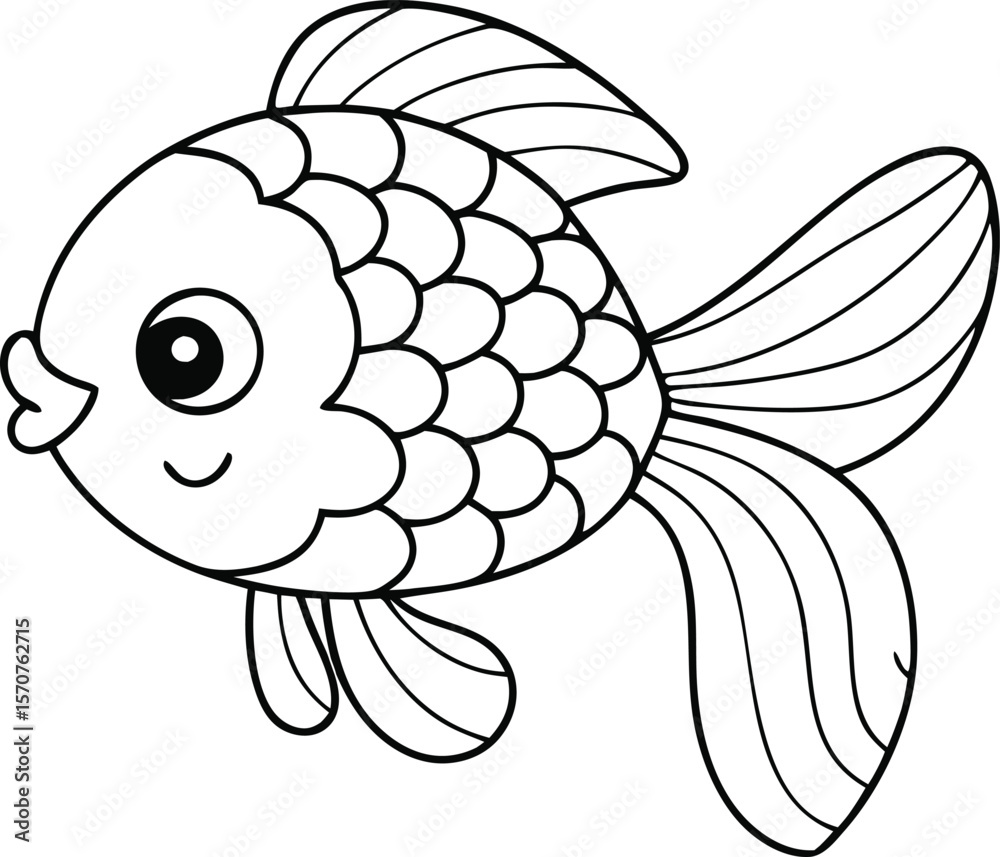 Fototapeta premium A simple and cheerful black and white line drawing of a cute cartoon goldfish swimming happily