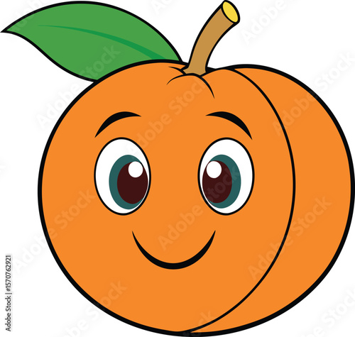 A cheerful cartoon apricot with big blue eyes and a wide smile featuring a green leaf and stem