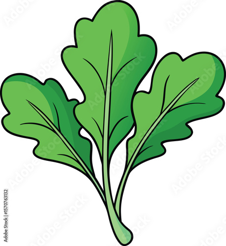 A stylized cartoon illustration of three vibrant green arugula leaves with black outlines and subtle shading on a white background