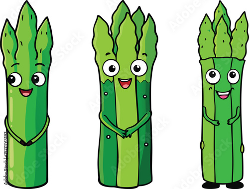 Three happy cartoon asparagus characters with smiling faces and arms standing together against a white background