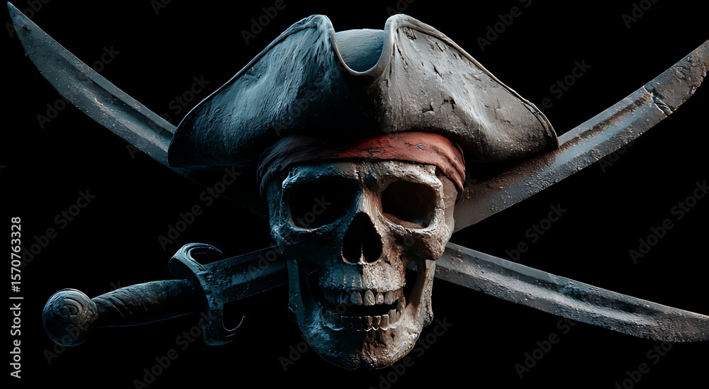 Fototapeta premium A Detailed Skull and Crossbones with Swords, Perfect for Pirate-Themed Projects, A highly detailed 3D rendering of a pirate skull wearing a weathered pirate hat, crossed swords.