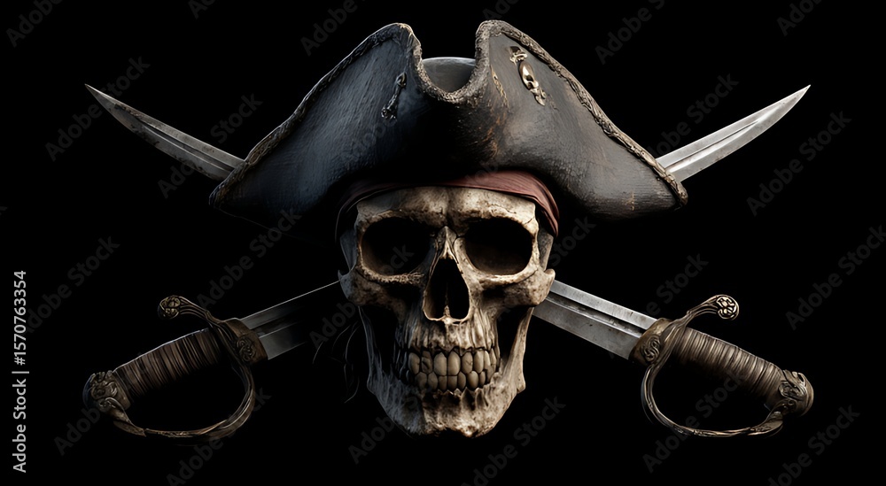 Naklejka premium A Detailed Skull and Crossbones with Swords, Perfect for Pirate-Themed Projects, A highly detailed 3D rendering of a pirate skull wearing a weathered pirate hat, crossed swords.