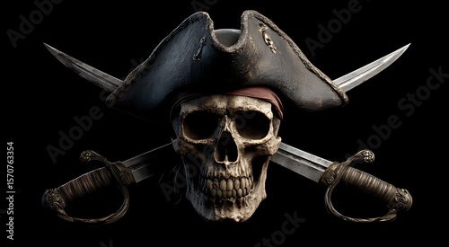 A Detailed Skull and Crossbones with Swords, Perfect for Pirate-Themed Projects, A highly detailed 3D rendering of a pirate skull wearing a weathered pirate hat, crossed swords.