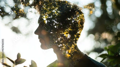 This captivating double exposure image beautifully merges a human silhouette with vibrant nature elements, creating a dreamlike atmosphere. The interplay of light and leaves invokes tranquility and