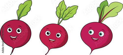 Three happy cartoon radishes with green leaves and smiling faces on a white background