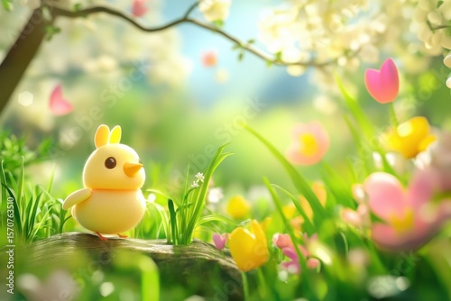 A charming yellow chick stands on a rock within a vibrant garden filled with colorful flowers. The scene captures the essence of spring with soft light and lush greenery.