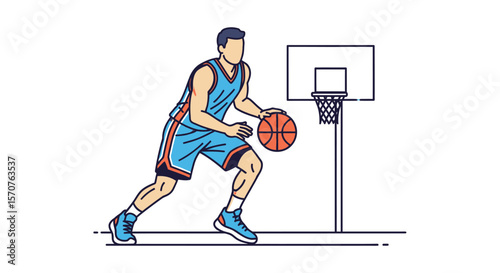Basketball Player Dribbling Ball – Outline with Color Fill Vector