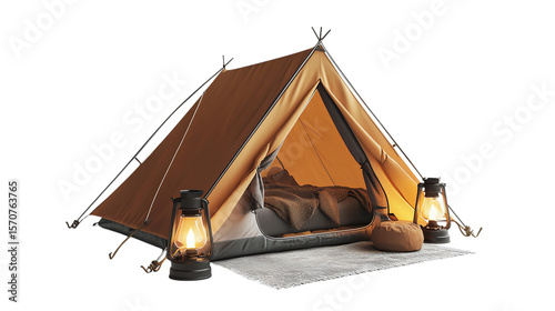 • A cozy camping setup with a foldable tent and LED lantern, isolated on white background in HD 