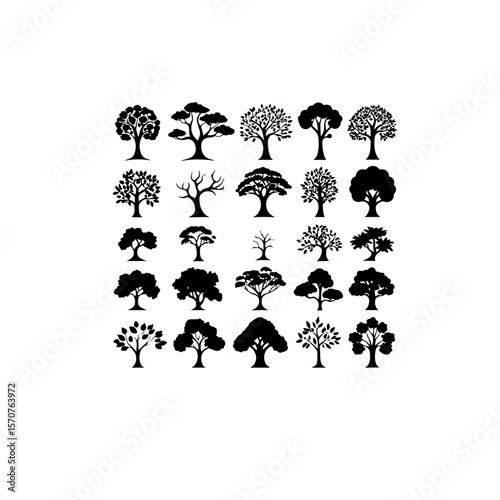 A collection of diverse tree silhouettes in a grid arrangement