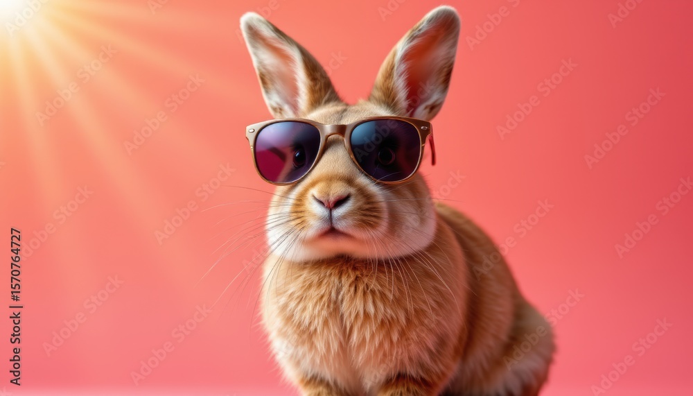 Fototapeta premium technology generated digital art of a rabbit in sunglasses against an orange to pink background
