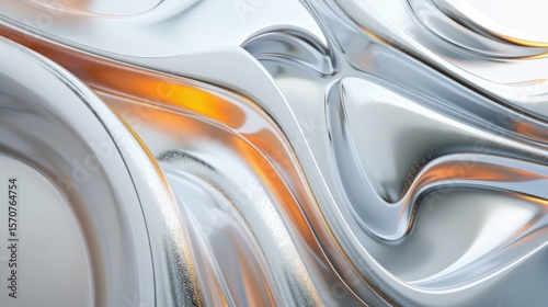 Abstract liquid metal and orange fluid shapes with reflective surfaces. Background image of digital 3D rendering of abstract pattern made from metallic material. Digital art for futuristic art. AIG51.
