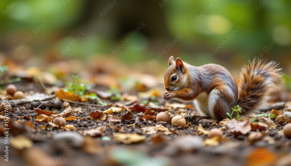 Fototapeta premium squirrel inspecting nuts on forest floor subject on right, copy space on left.