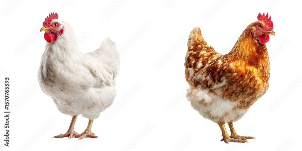 Fototapeta premium Two chickens standing side by side against a black background in a studio setting