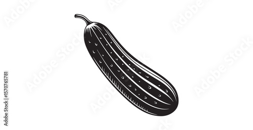 A detailed black and white illustration of a fresh cucumber silhouette