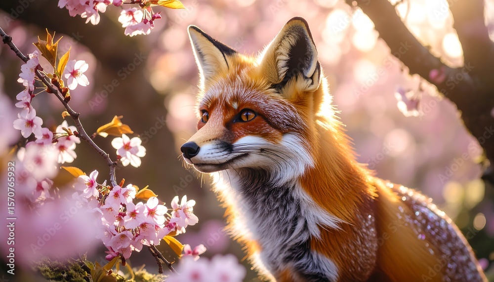 Fototapeta premium Fox in Spring Blossoms Looking Right in Nature