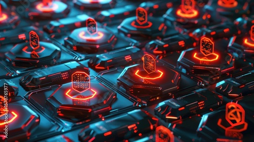 Picture of digital security system to protect dangerous hacking computer user in colorful light of cyberspace style theme. Coding and programming for guarding digital technology from criminal. AIG53.