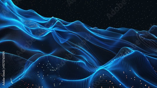 Abstract picture micro light sparkling particle represent data flow vivid flowing wave with high tech background, create digital effect scene perfect for energetic and fantasy wallpaper design. AIG53.