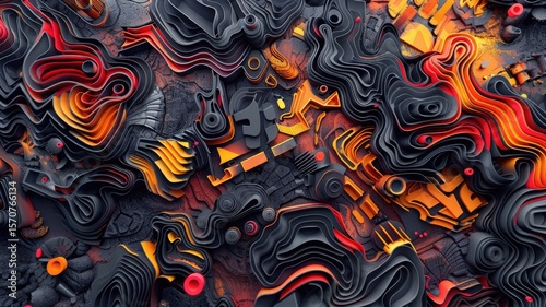 Colorful abstract paint splatters and swirls on a black background. Abstract artwork of vibrant color geometric shape with vibrant color splatter and mixing together. Digital art for design. AIG53.