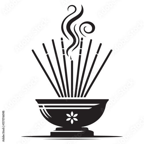 Silhouette icon of incense sticks in a holder with thin smoke line