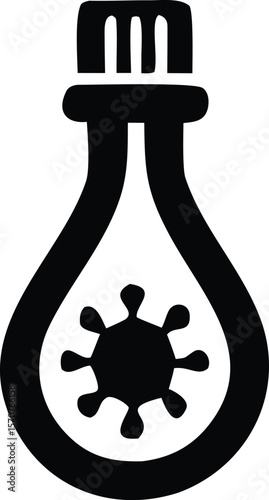 Stylized black icon of a virus particle contained within a laboratory flask symbolizing scientific research and medical containment efforts