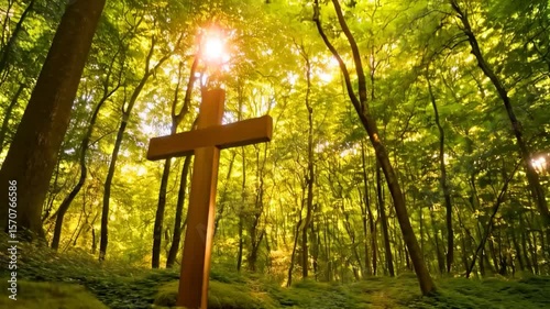 Wooden cross in sunny forest