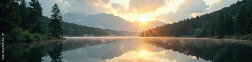 Fototapeta premium Sunlit lake, towering pines mirroring in still water, grey clouds , lake, autumn